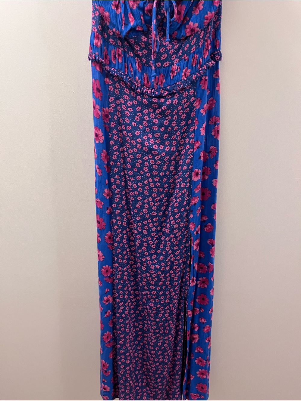 Free People Blue and Pink Floral Maxi Dress Crisscross Straps - Size L